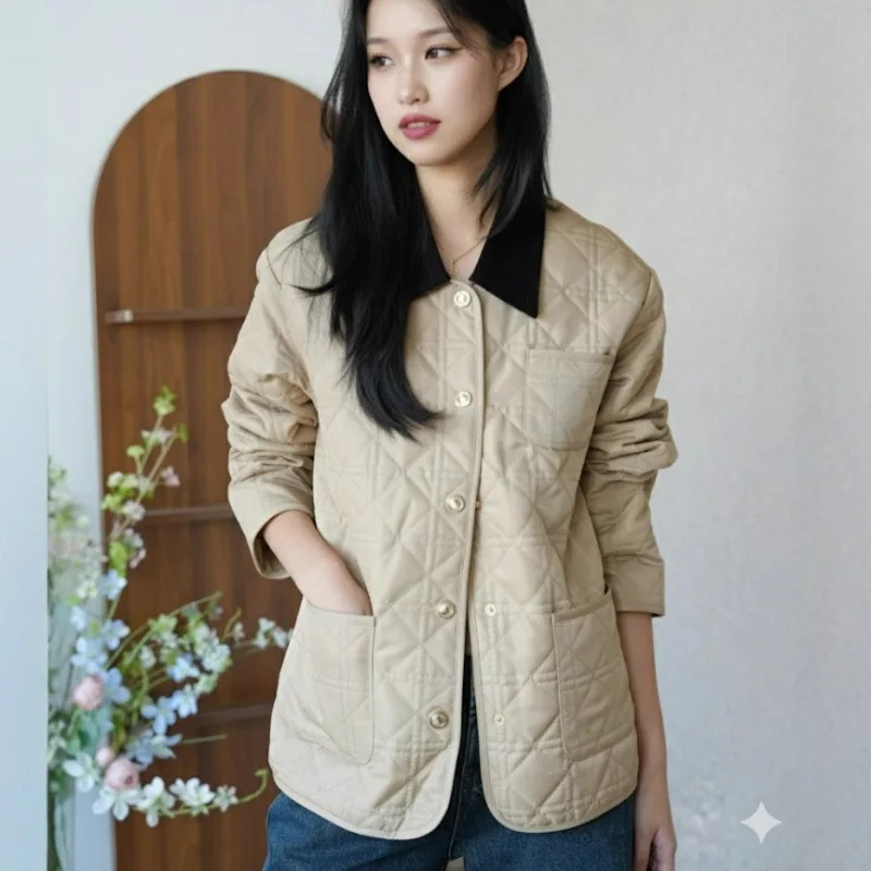 Retro Leisure Style Women's Cotton Jacket Autumn Winter New Arrival Loose Diamond Pattern Solid Short Outerwear Coat