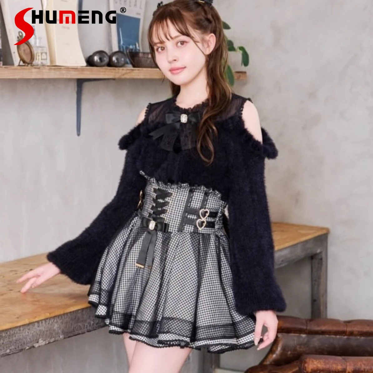 

Классические свитера Liz, японский милый кружевной пуловер с бантом для девочек, теплый вязаный пуловер с открытыми плечами, женский свободный тонкий элегантный свитер