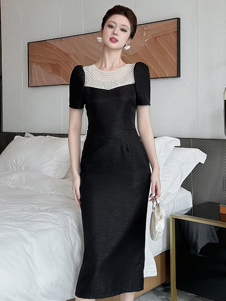 Vêtements pour femmes de luxe hôte Robe d'anniversaire Femme élégante exquise perle mince Robe mi-longue Femme robes de bal dame Banquet fête