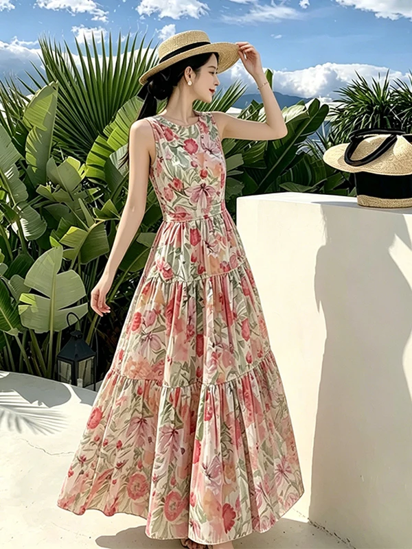 Rustic Floral Print Sleeveless Women's Dress Elegant Waist-Cinching Slimming Long Gown Summer New Style Holiday Elegant