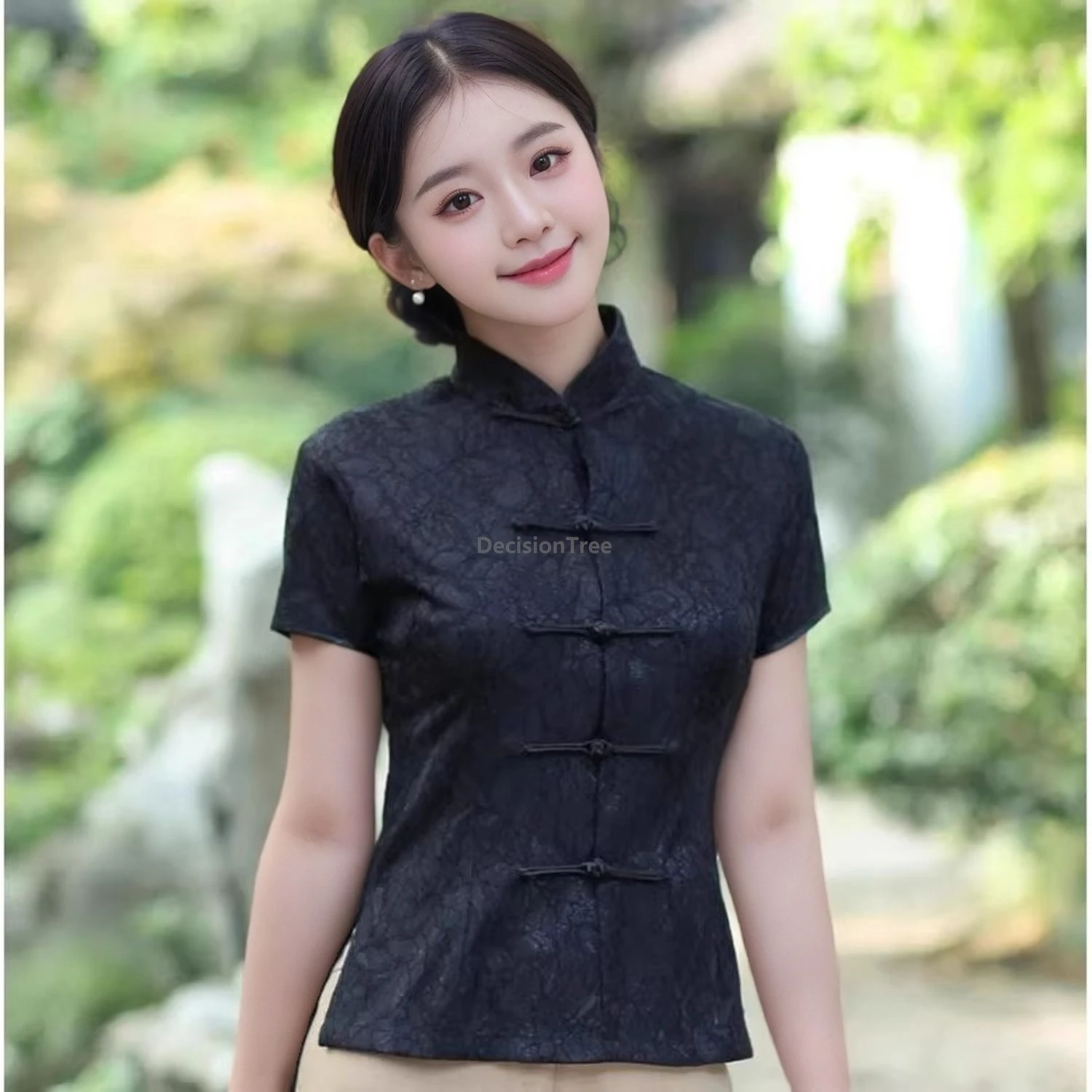 

2025 demure elegant literature art tang suit top daily slim fitting improved top chinese stand collar disc buckle retro blouse