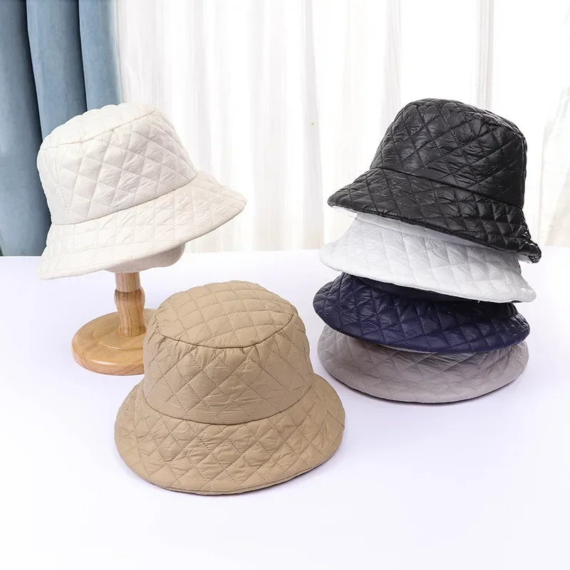 Women Winter New Ultra-light Down Cotton Rhombus Fisherman Hat  Cap Cotton Jacket Warm Korean Casual y2k Pot Hat Panama Caps