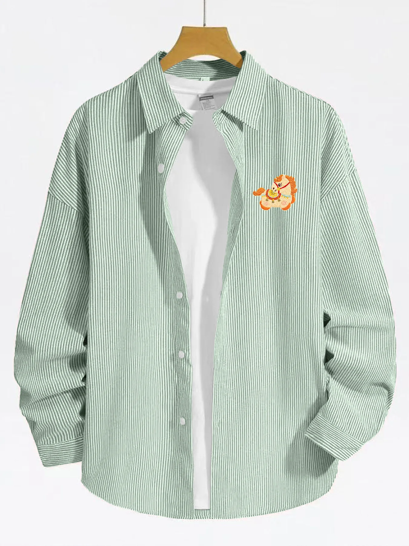 

Spring and autumn new orange curly little horse striped long-sleeve shirt, versatile casual daily wear men's shirt