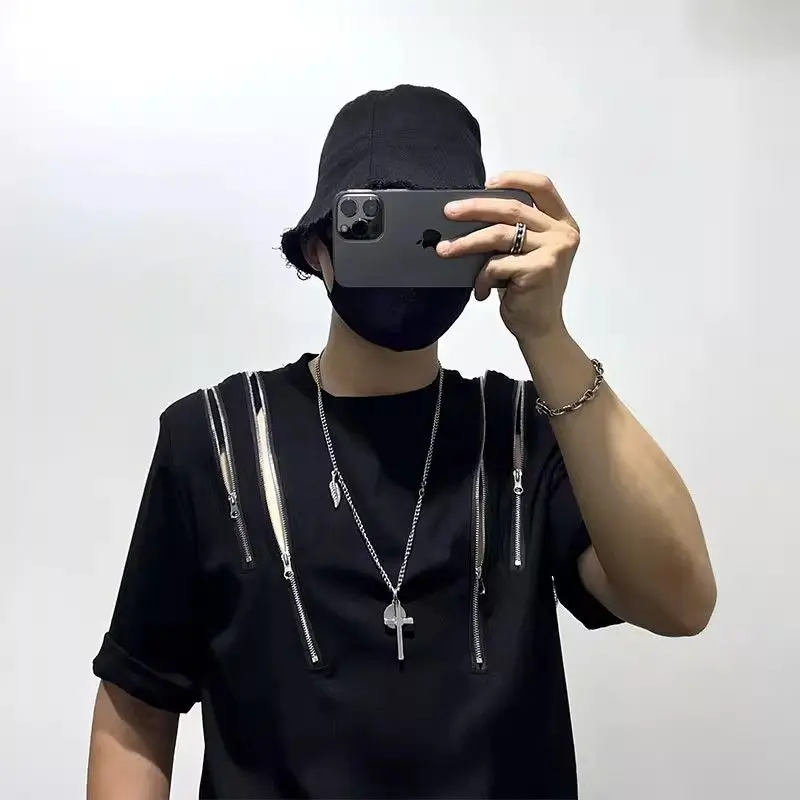 Summer Irregular Zipper Short Sleeve O Neck Men T Shirts Fashion Personality Popular 2xl Oversized Work Clothes Tops Black White