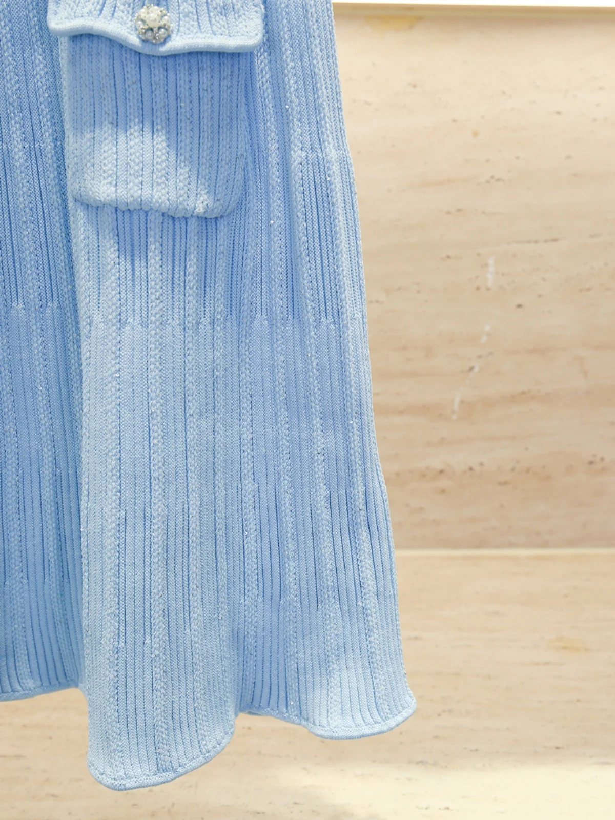 

Blue Knitted Slim Fit Dr with Pearl Button Stand Collar A-Line Skirt ort Sve High Waist Commute Sle Pure Color Spring