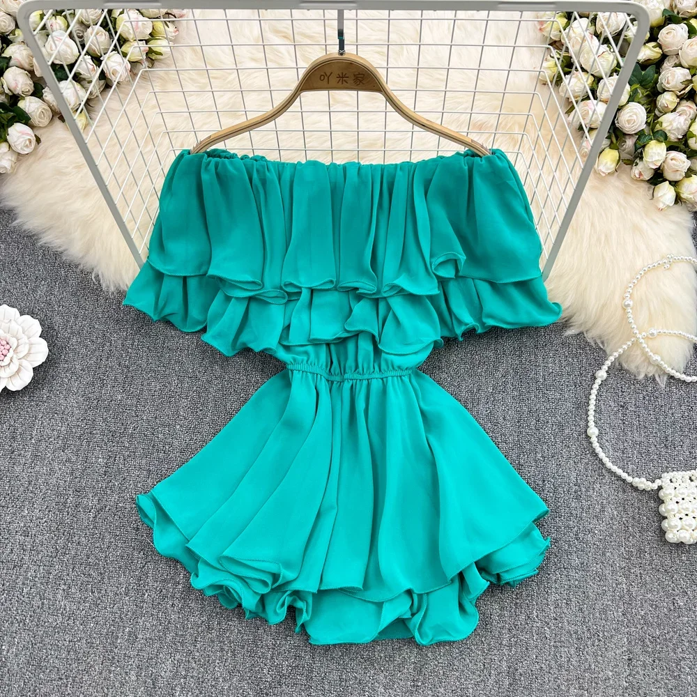 Jumpsuits Top Girls Slash Neck Off-shoulder Chiffon Shirt Women 2024 Summer New Sweet Spicy Super Fairy Ruffle Waist Short Top