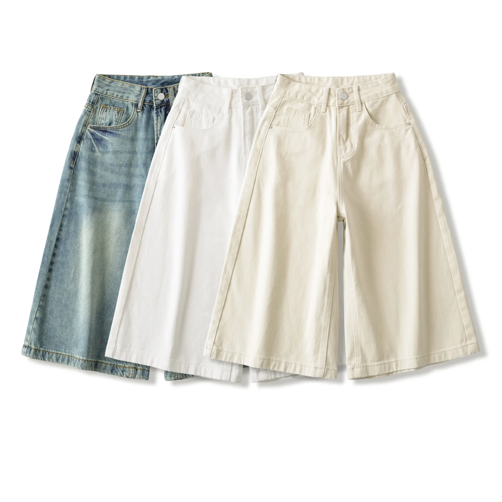 

American Style High Waist Wide Leg Pants Loose Casual Summer Denim Shorts Pocket Design Vacation Wear Ladies Loose Fit Jeans