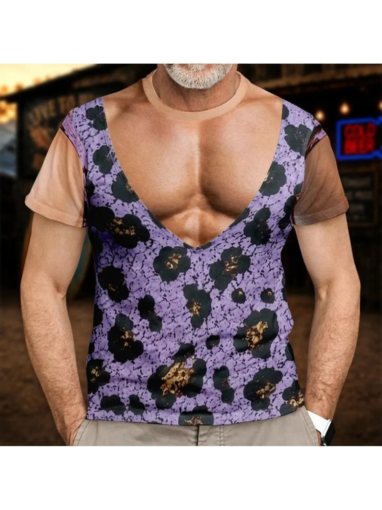 Neuheit 3D-Illusion Fake Body Print T-Shirt Lustiger Haariger Brustmuskeln-Anzug Grafisches Kurzarm-Unisex-Oberteil für Urlaub, Party und Freizeit – Detail 10