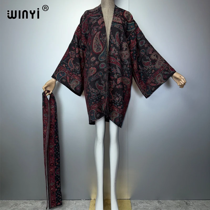 WINYI winter cardigan Africa muslim women clothes retro coats abaya poncho for women cape boho dress with belt holiday kaftan