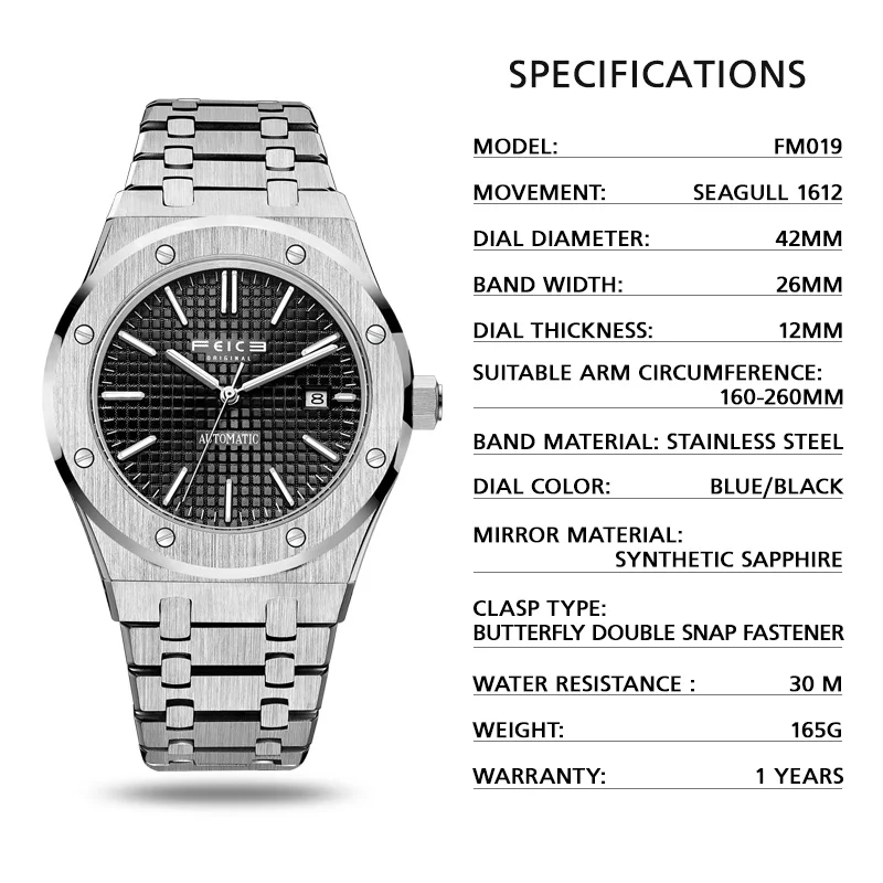 FEICE New Men\'s Automatic Mechanical Watch Skeleton Luminous Watch Waterproof Sapphire Mirror Luxury Stainless Steel Wristwatch