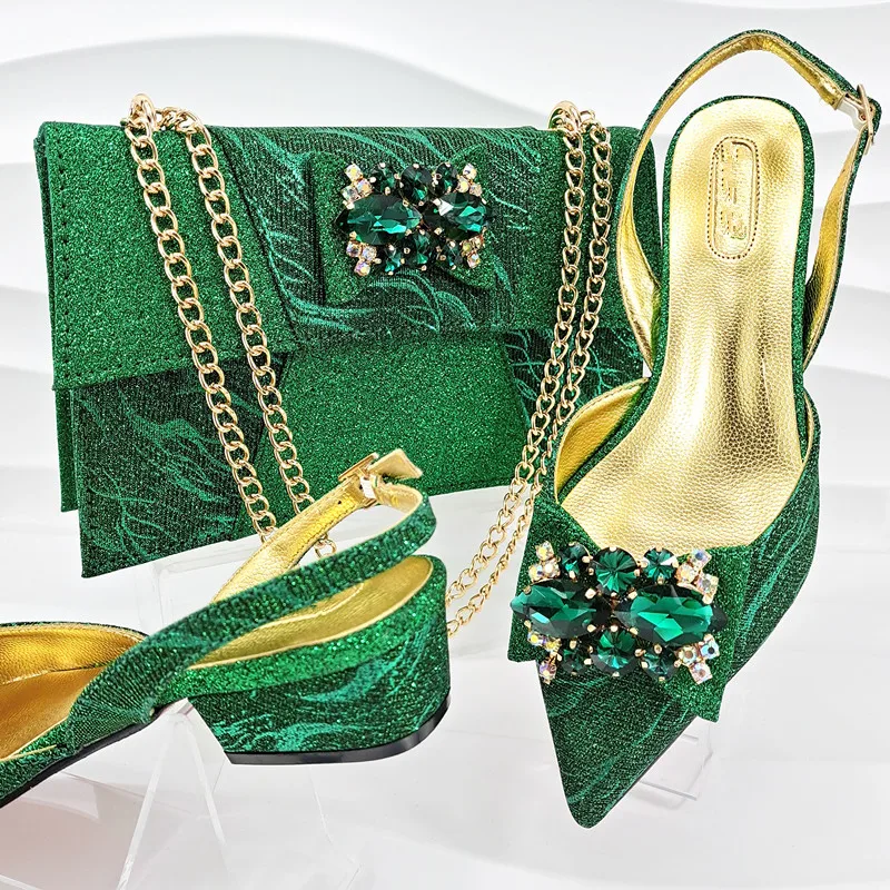 

Elegant Green Med Heel 3.5CM Women Pointed Toe Shoes Match Crystal Handbag African Dressing Pumps And Bag Set MM1152