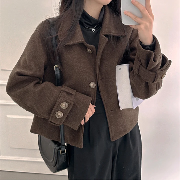 Korean Versatile Short Woolen Coat Single Breasted Trench Casual Jacket Loose Simple Basics Outerwear Autumn Women's Clothes