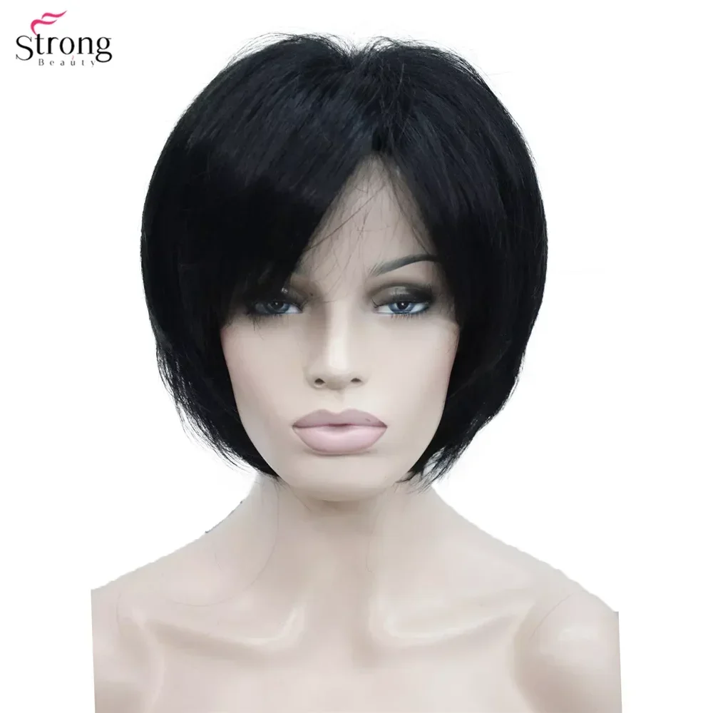 StrongBeauty Synthetic Wig Women\'s Ash Brown/Blonde Highlighted/ Hair Black Natural Wigs Short Straight