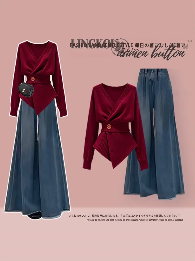 

Elegant plus Size Knitted Sweater And Slim Fit Jeans Two Piece Set in Christmas Red for Women Casual High Waist V Neck