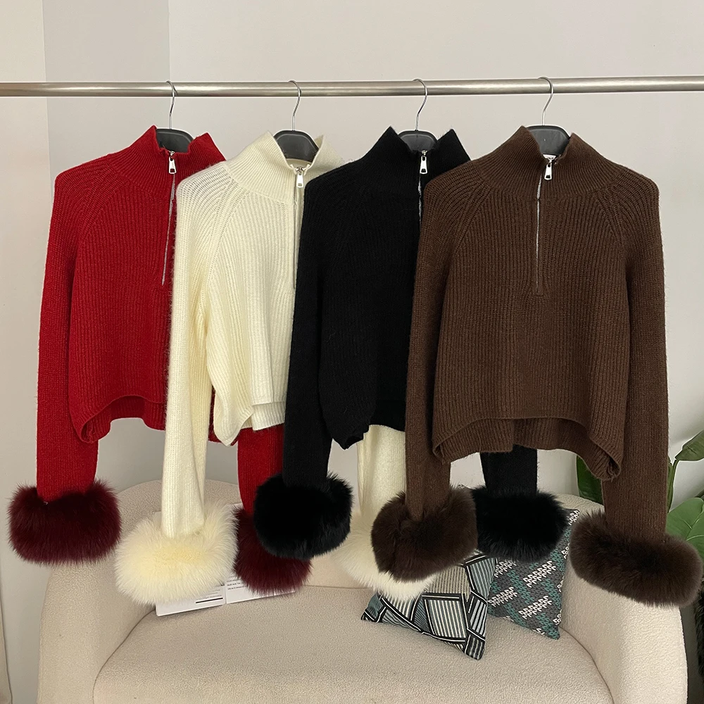 

OFTBUY Вязаный свитер-пуловер весна-осень, новый женский свитер с пэчворком и натуральным мехом, на молнии, свободный крой, премиум-качество