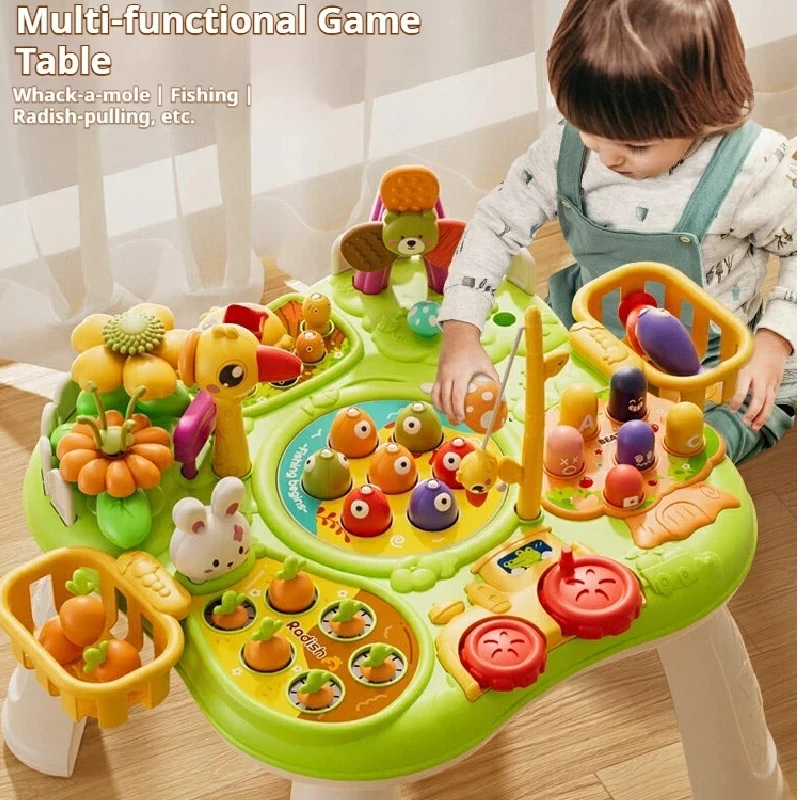 Multifunctional Game Table Interactive Learning Toy Pull Radish Fishing Bug Catching Whack A Mole Educational Activity Play Set