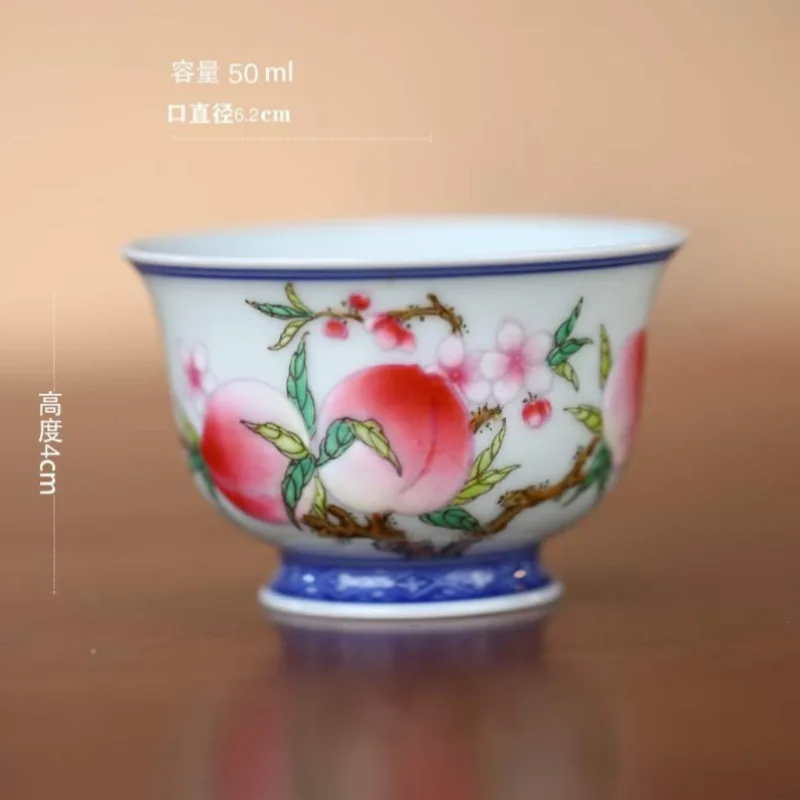 Purely handmade Jingdezhen ceramic tea set, blue and white famille rose Nine Peach Kung Fu tea set, hand-painted