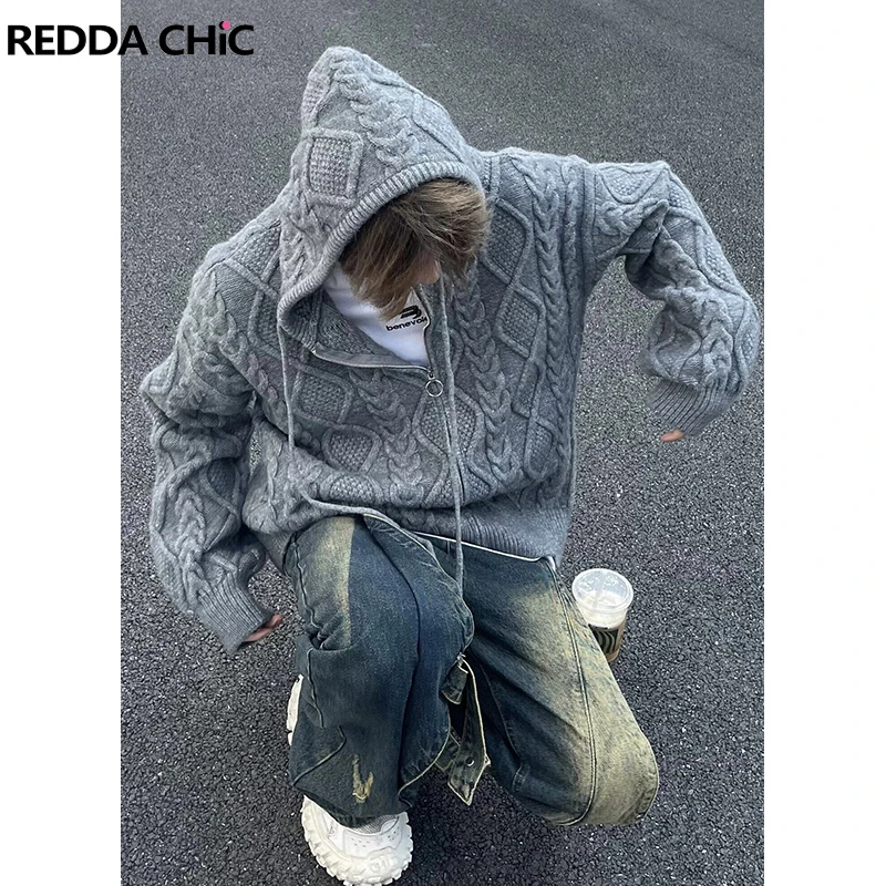 REDDACHIC Men Drawstring Hooded Cardigan Sweater Long Sleeves Full-zip Lounge Solid Cable Knit Jumper Top Casual Winter Outwear