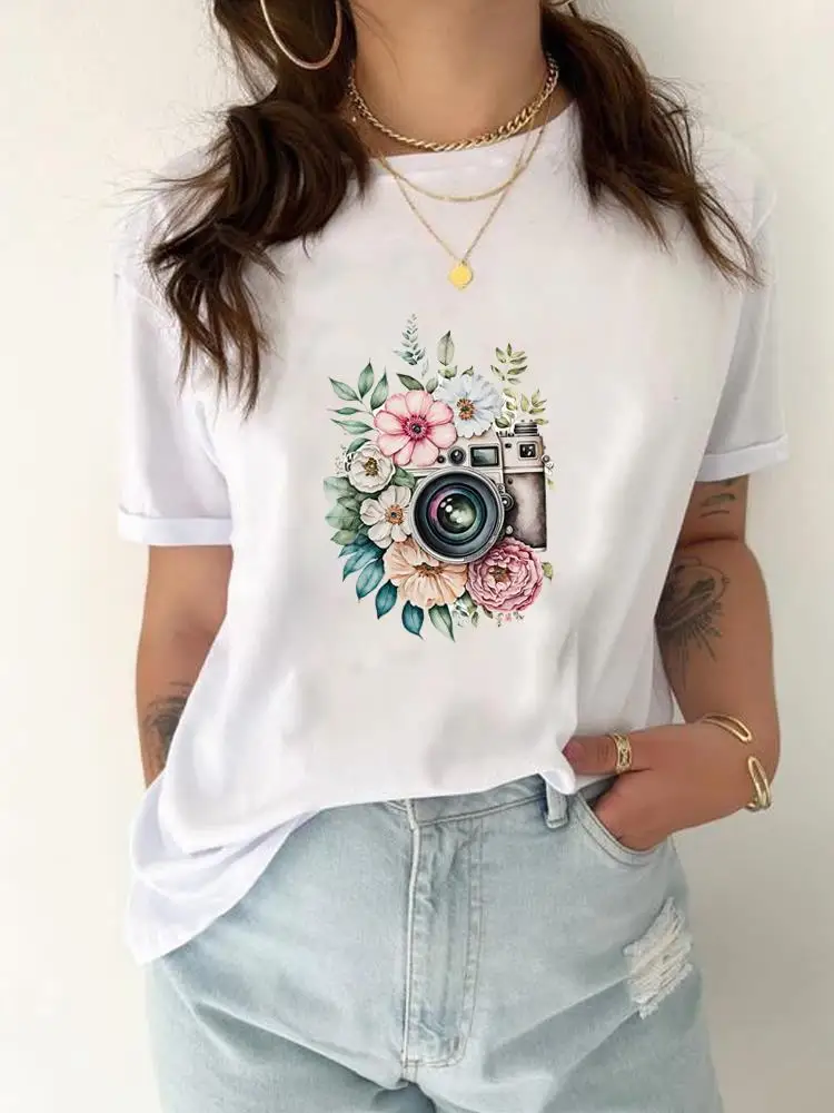 Camera Flower Sweet 90s Style Casual Short Sleeve Graphic T Shirt Clothing Female Print T-shirt Top Women Fashion Tee