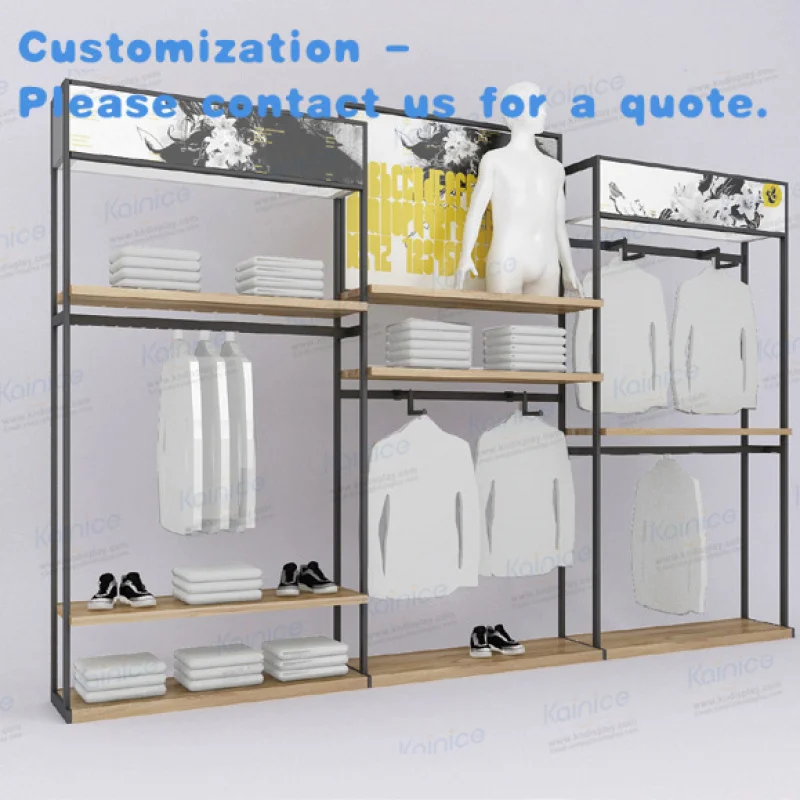 Custom.Kainice مخصص الملابس الرجالية بوتيك الأثاث الملابس جدار قميص خشبي رف شاشة متجر الملابس التصميم الداخلي