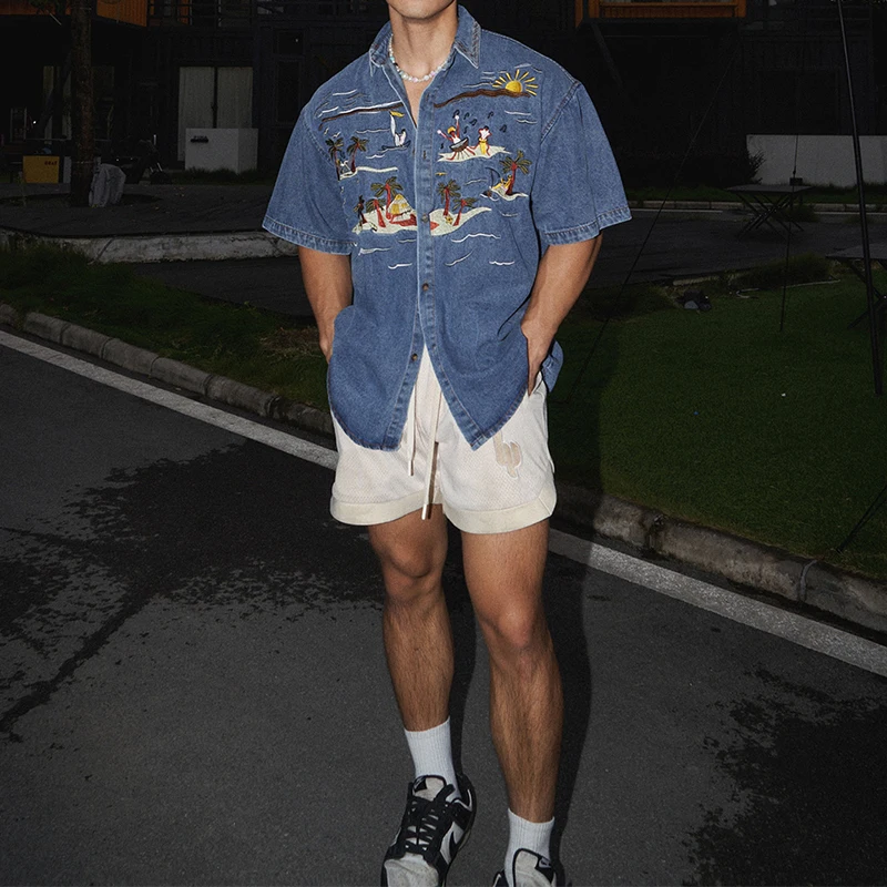 Casual Short Sleeve Denim Shirts For Mens Spring Summer Stylish Embroidery Denim Tops Men Vintage Button Turn-down Collar Shirt
