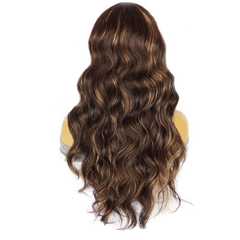 Fashionable long curly hair, middle-parted large waves, piano color highlights, full wig