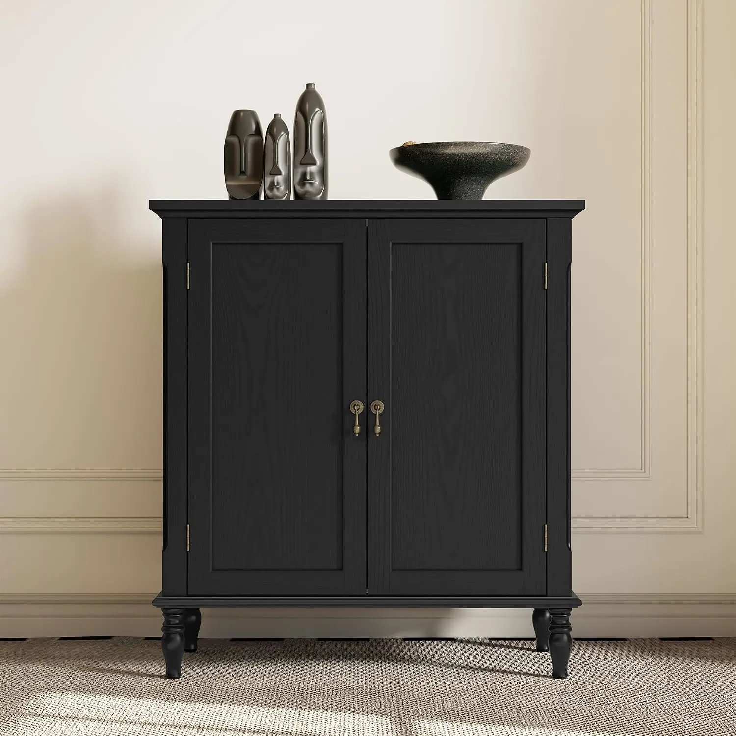 Buffet Sideboard Cabinet, Kitchen Storage Cupboard Unit, Dining Room Living Room Hallway, Solid Wood Veneer Enclosed Shelves Flat Top Surface, Vintage Rustic Style, Black, 1 Piece
