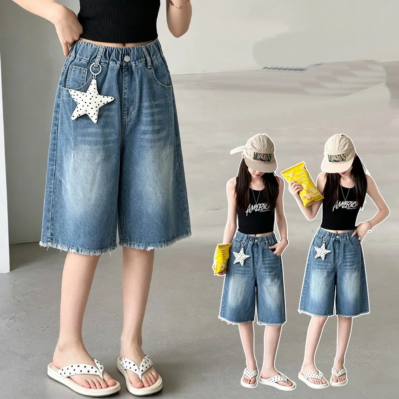 Summer Girls Fashion Denim Shorts for Kids Casual Knee Length Denim Pants Tween Children Hot Deals Short Jeans with Star Pendant