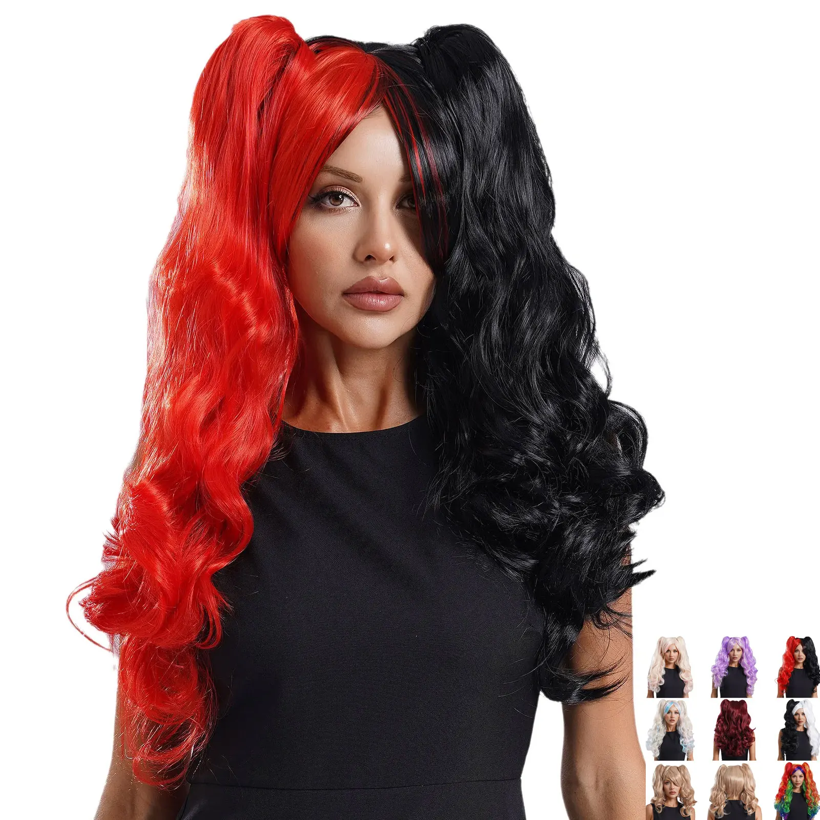 Womens Japanese Anime Role Cosplay Wig with Clip-on Ponytails Long Curly Synthetic Wig Lolita Comic Con Halloween Party Hat Wig