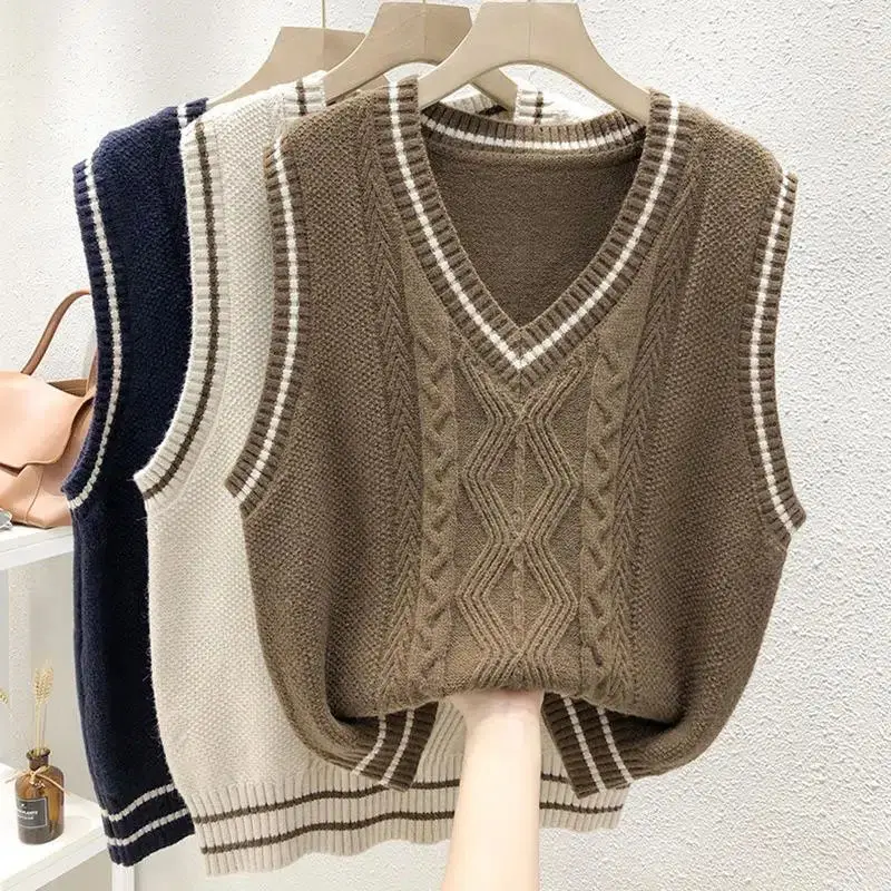 Gilet maglione lavorato a maglia con scollo a V stile Preppy Vintage alla moda da donna Y2K gilet Pullover allentato senza maniche Casual femminile