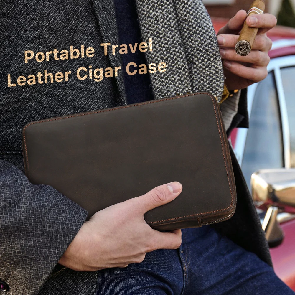 Vintage Genuine Leather Cigar Humidor Box Travel Storage Case for 4 Cigars Accessories Lighter Cigar Cutter Humidifier Bag