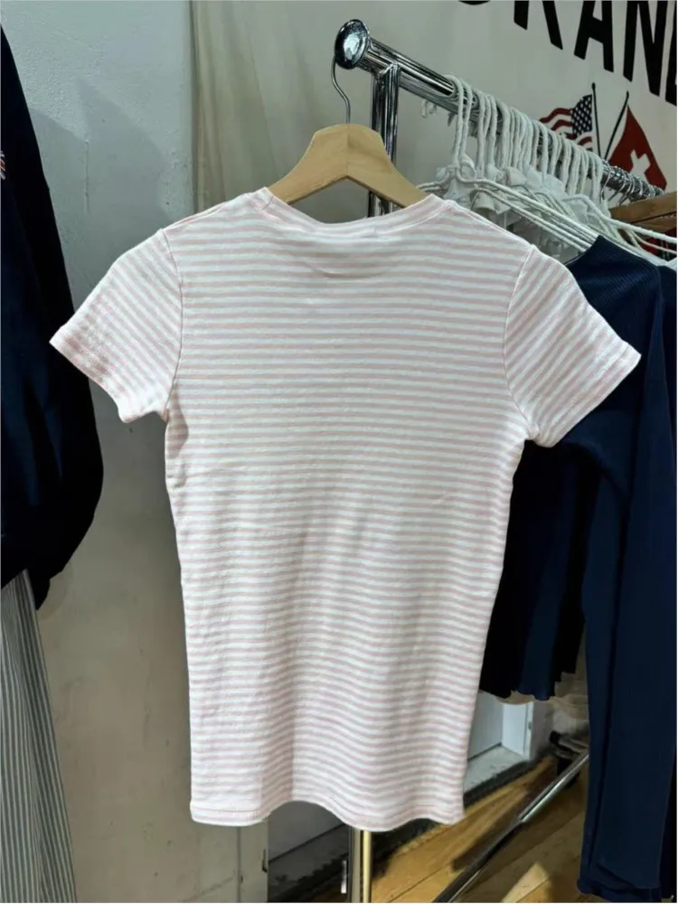 Sweet Pink Striped Short Sleeve Tees Women New Casual Slim O-neck Tshirts Tops Female Cute Preppy Style Streetwear T-shirts Y2K