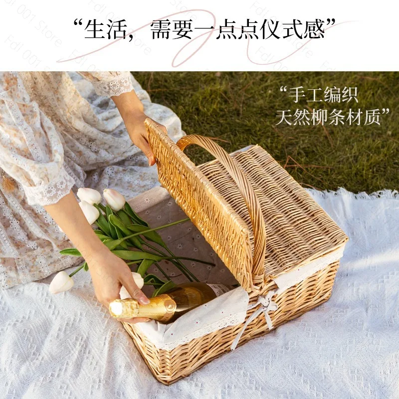 Hand-woven Rattan Picnic Basket Ins Style Outdoor Camping Basket for Fruit Flower Storage