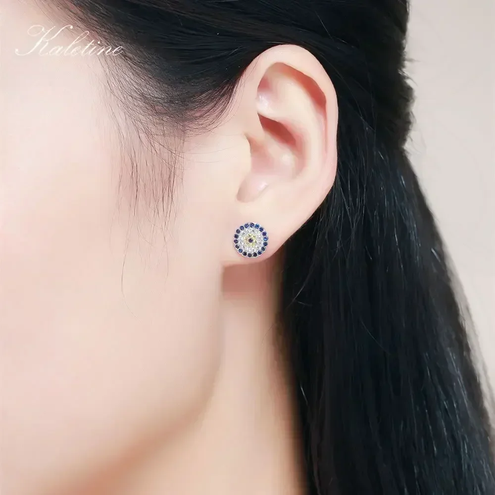 KALETINE Genuine 925 Sterling Silver CZ Crystal Lucky Turkey Evil Eye Earrings For Women Yellow Rose Gold Jewelry KLTE009