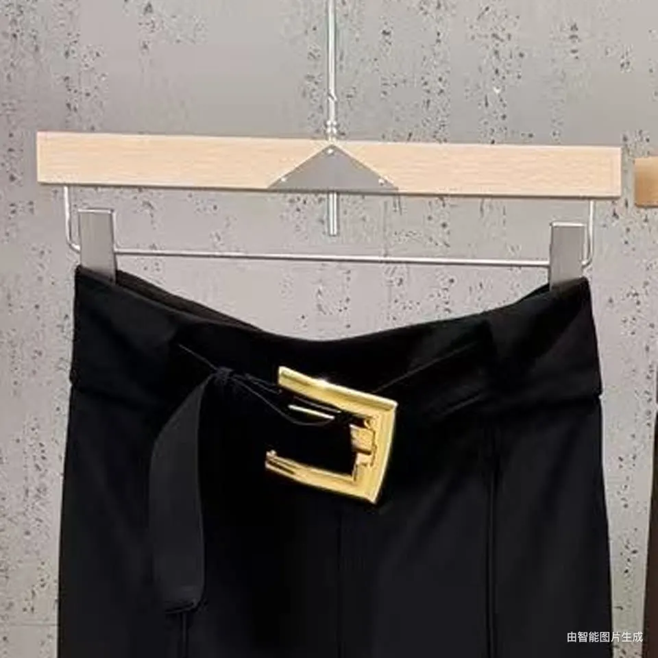 High Street Pants Women's High Waisted Slimming Black Casual Pants Metal Buckle Decoration Hanging Elastic Slim Fit Pants