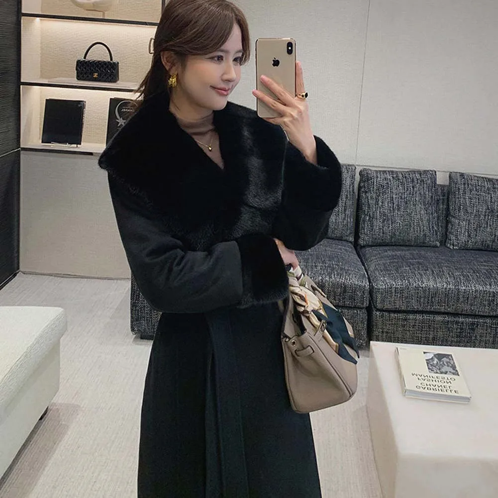 

Пальто из высококачественного кашемира с воротником из меха норки, премиальное шерстяное пальто для женщин с подкладкой из гусиного пуха