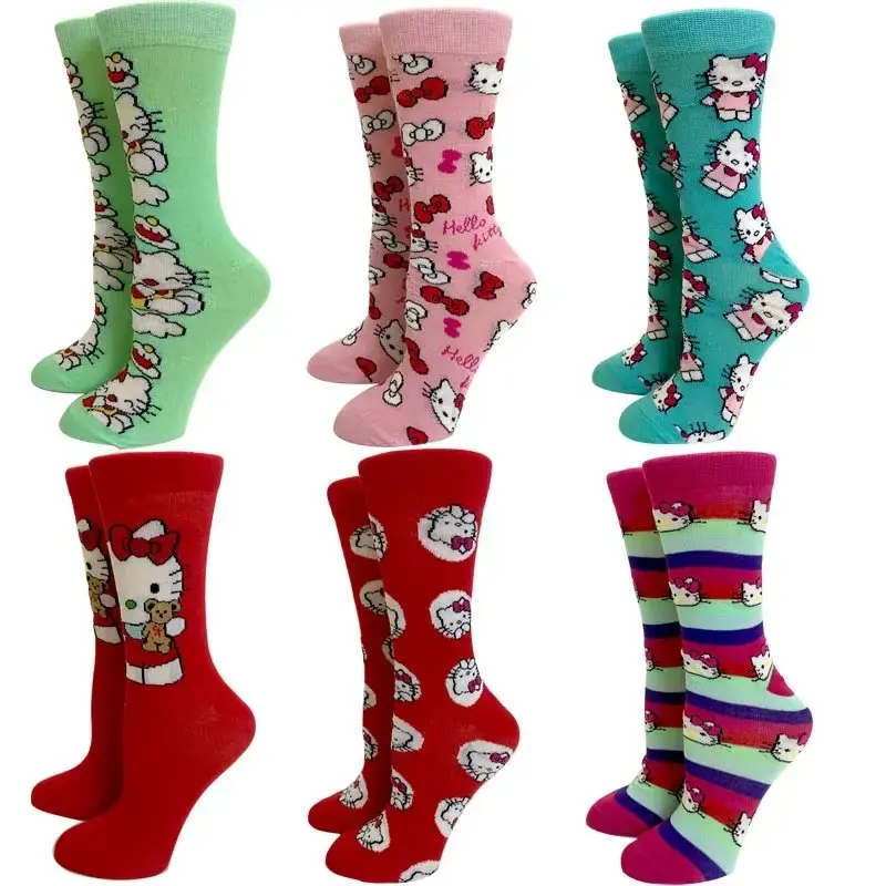 Hello Kitty Cartoon-Socken in Wadenlänge, 6 Paar, süße lange Socken mit Schleifenmuster, mädchenhafte Studenten-Baumwollsocken