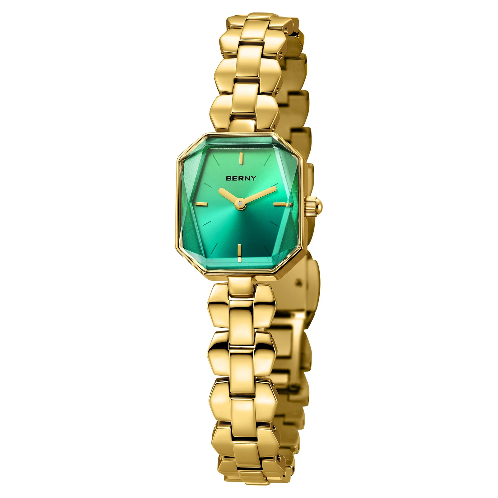 BERNY Octagonal Watch for Women Ice Green Dial Quartz Wristwatch Stainless Steel Elegant Watch Gold Bracelet Gift Women's Watch