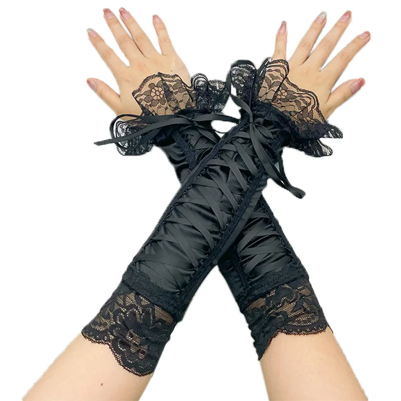 Lolita-guantes de estilo aristocrático para mujer, accesorio para vestido de noche, con cinta de encaje, 33cm