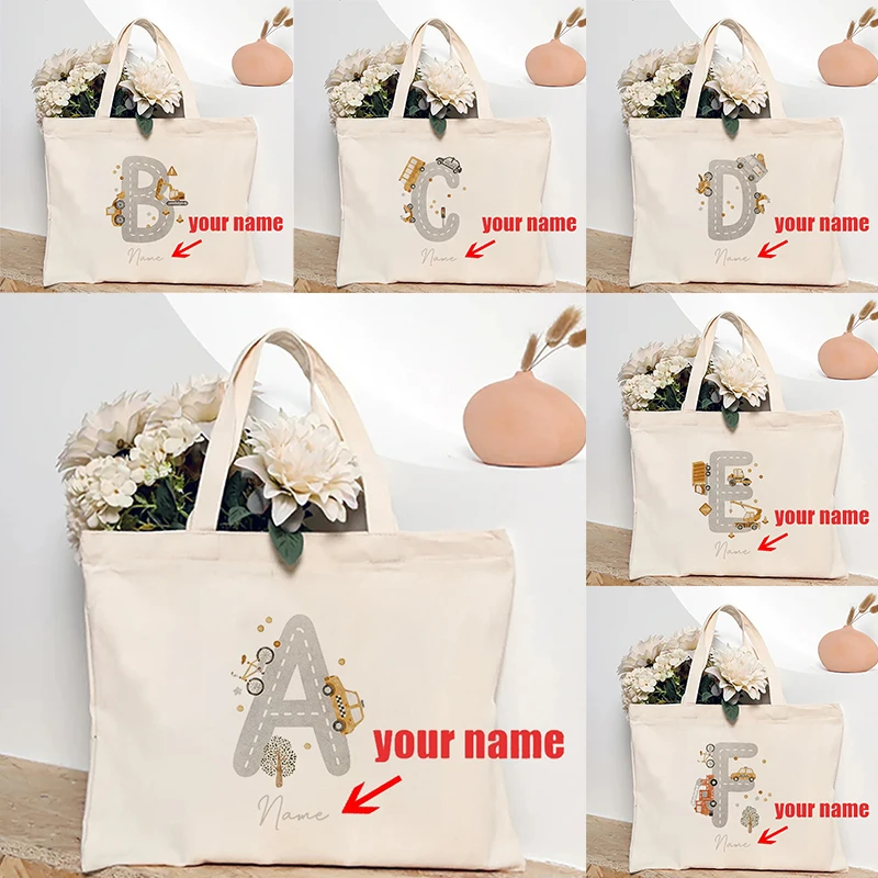 

Cartoon Car Initial Letter Pattern Custom Name Shopping Bag for Kindergarten School Gifts Autumn Handbag Shoulder Bag Christmas