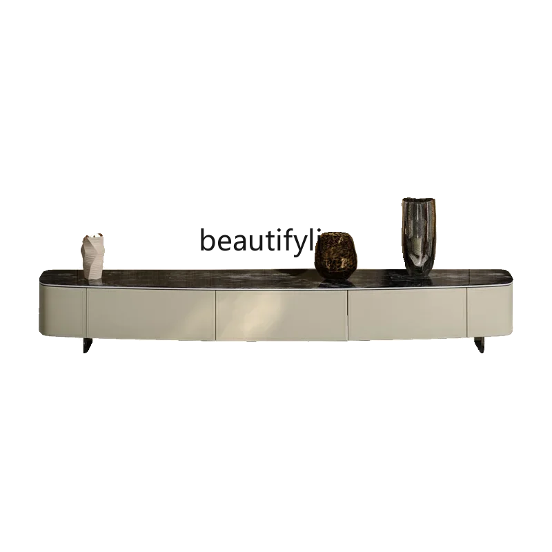 

High-grade luxury stone rock slab solid wood saddle leather light luxury living room marble TV cabinet coffee table2936