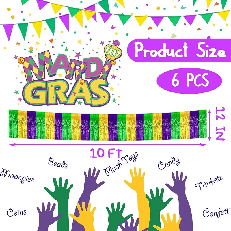 6Pcs 10Feet Mardi Gras Gold Green Purple Foil Fringe Tinsel Garlands Hanging Backdrop for Mardi Gras Birthday Party Decorations