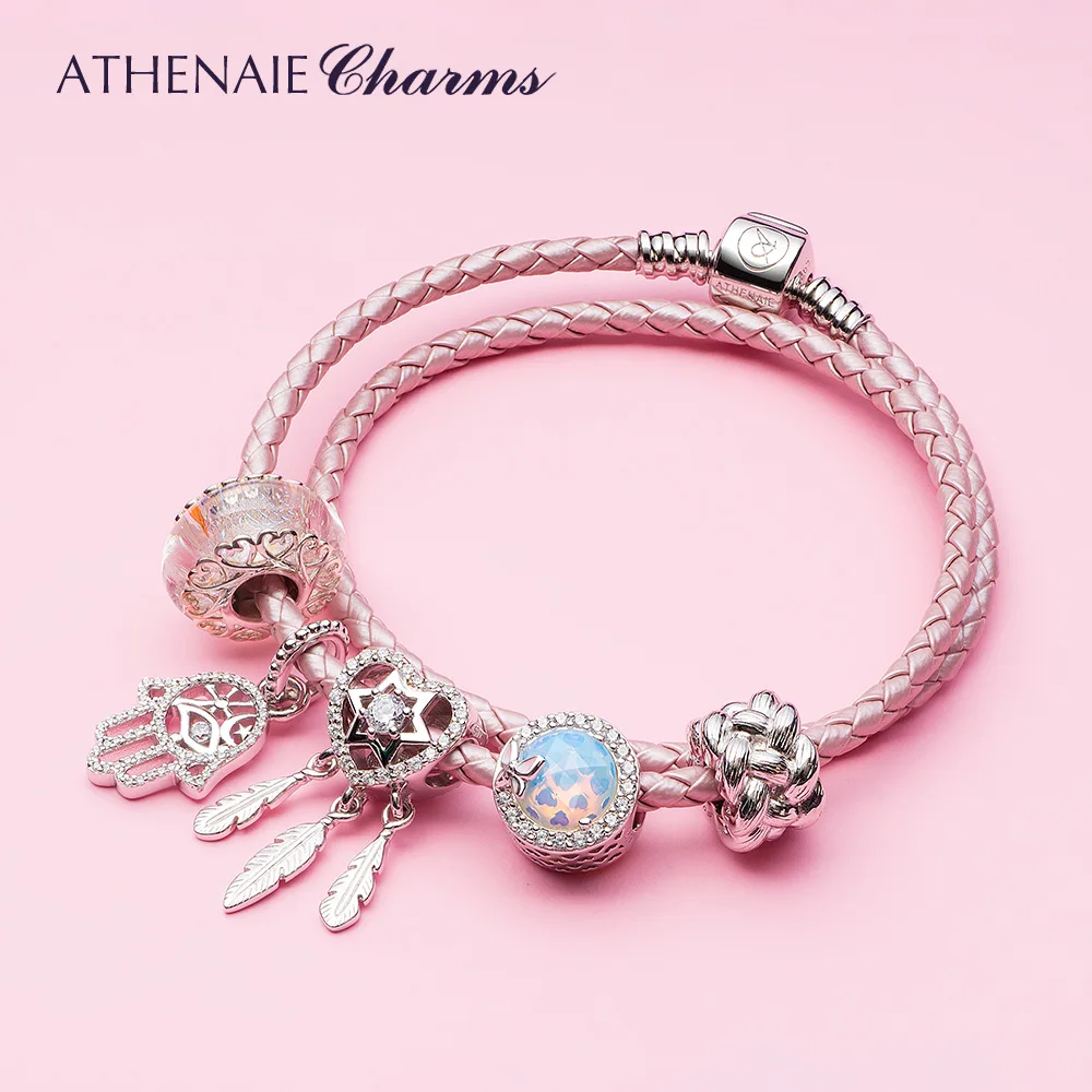 ATHENAIE وردي فاتح مزدوج مضفر الجلود Charms سوار مع 925 مشبك فضي الاسترليني صالح ساحرة الخرزة لفتاة النساء #4