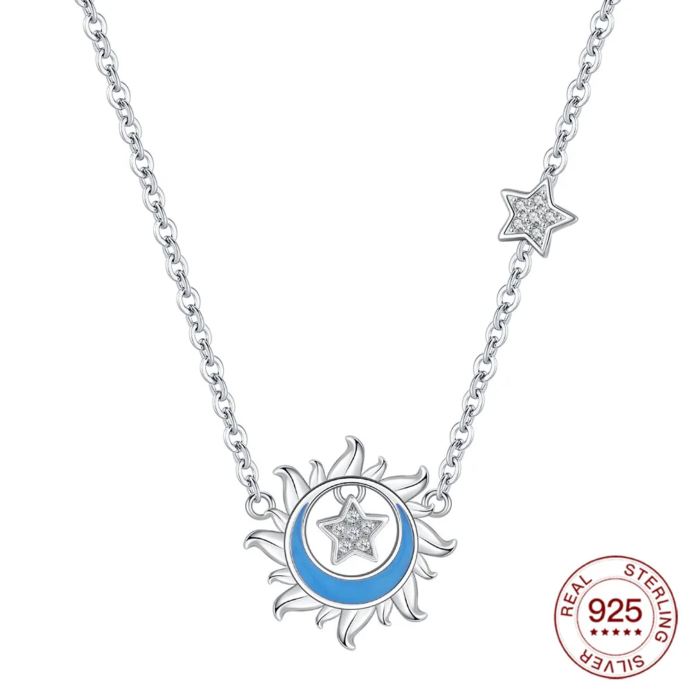 925 Sterling Silver Sun Moon Star Necklace Blue Luminous Pendant Necklace Graduation Trip Jewelry Gifts For Women