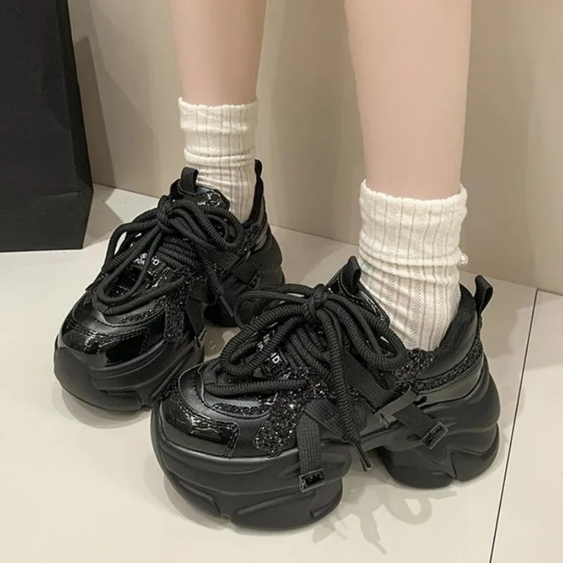 

8CM Thick Heels Microfiber Leather Sneakers Women 2025 Autumn Breathable Vulcanize Chunky Sneakers Casual Sports Dad Shoes