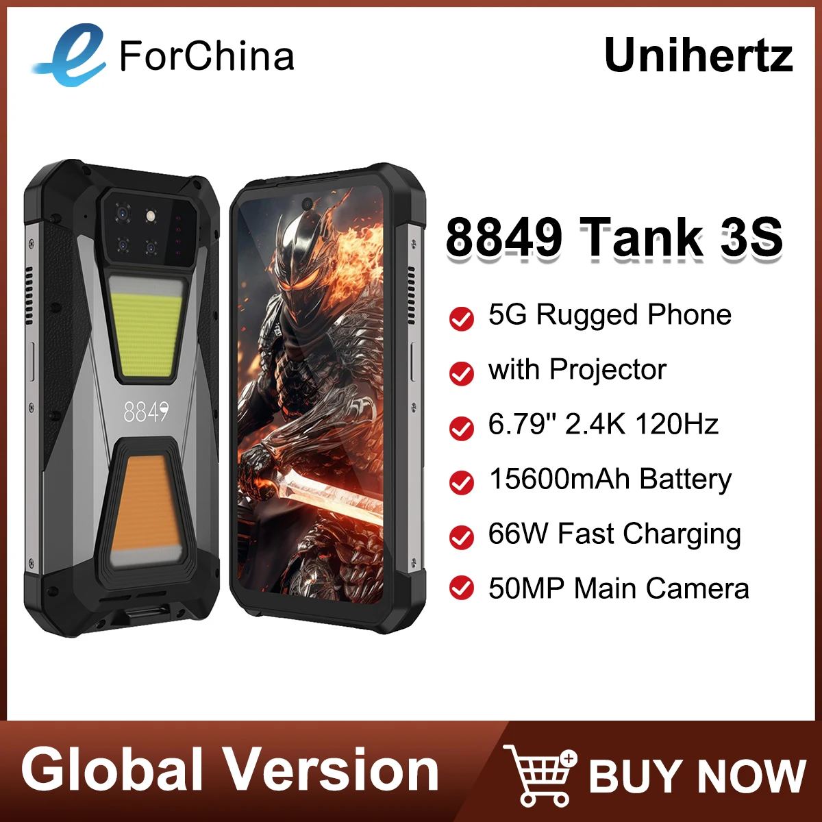 Unihertz 8849 Tank 3S Smartphone robuste avec projecteur 5G 6.79'' 15600mAh Dimensity 8200 12GB+256GB 50MP Camera Night Vision NFC téléphone portable