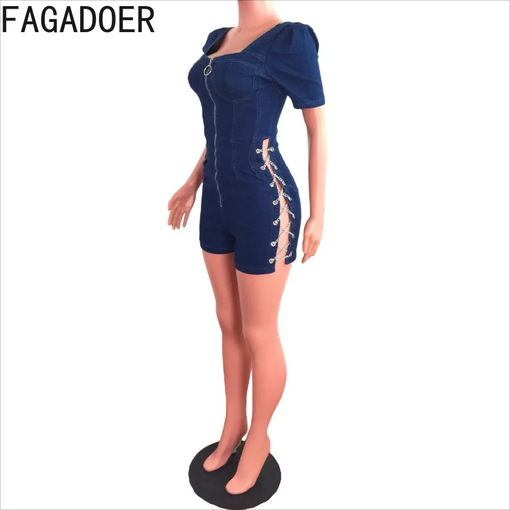 FAGADOER Sexy Bandage Patchwork Denim Rompers Women Zipper Short Sleeve Bodycon Jeans Jumpsuits Female One Pieces Overalls New