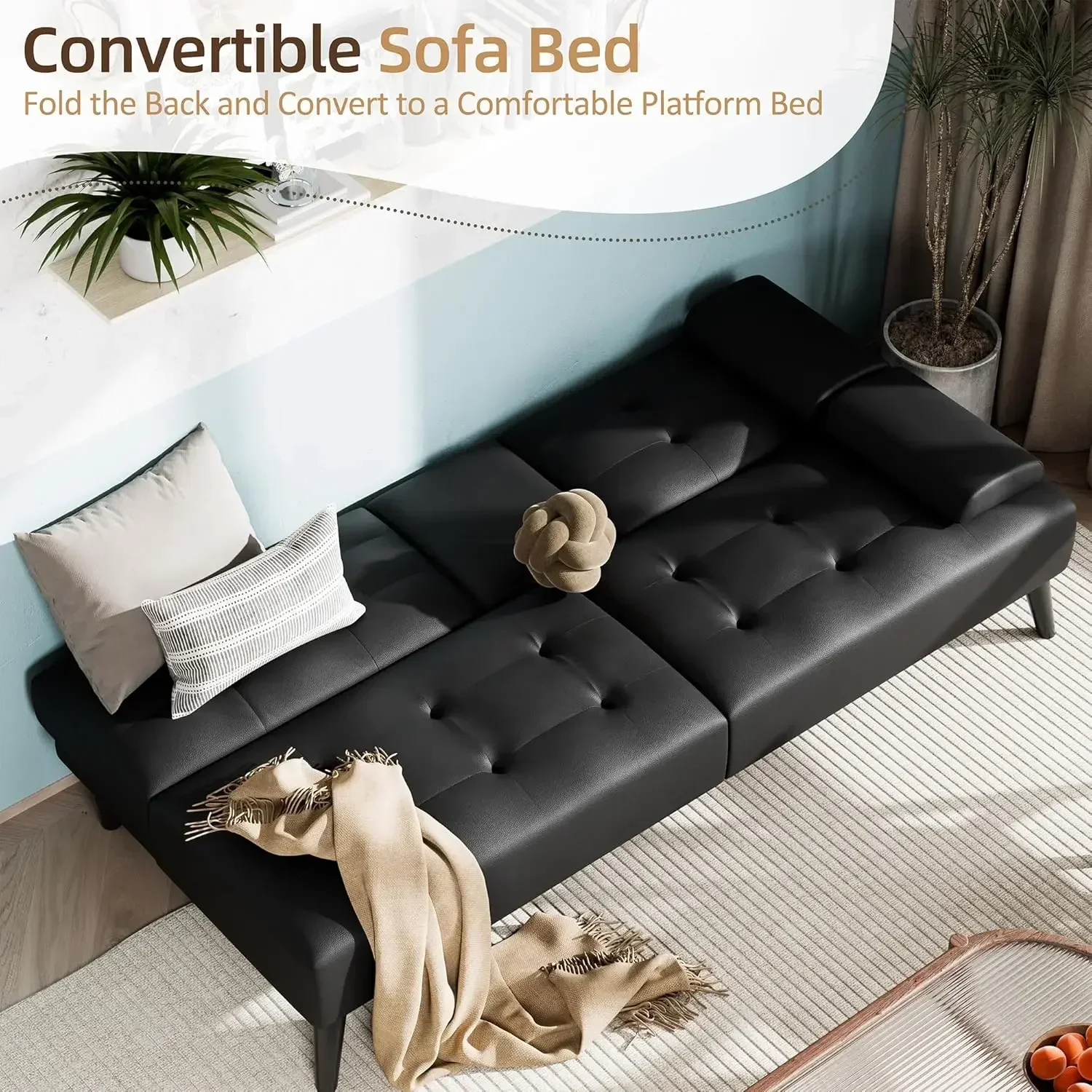 Futon Sofa Bed, Leather Foldable Couch, Reclining Sleeper w/Removable Armrests, Upholstered Loveseat w/Folding Cup Holders for H