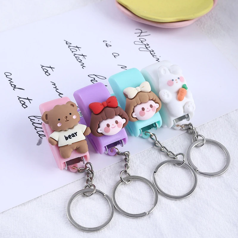 Macaron Color Cute Cartoon Mini Stapler Key Chain Student Creative stapler Convenient Key Ring Pendant 1 Pc