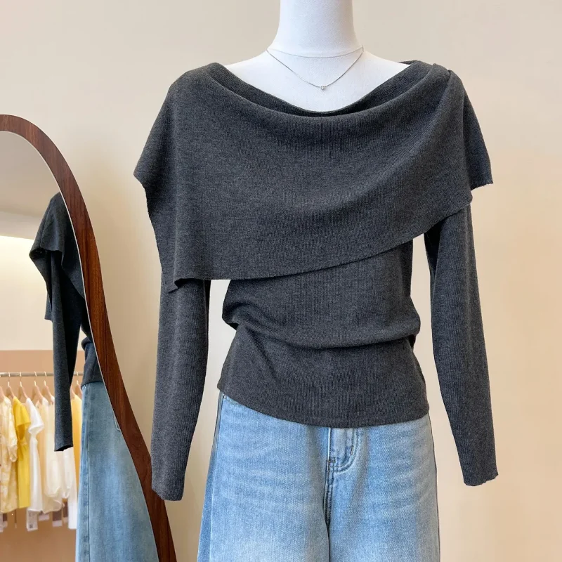 Conjunto de duas peças xale em camadas feminino de início do outono coreano chique tops com cintura abraçando